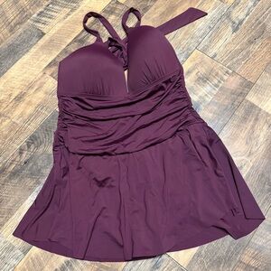 Plum Ruched One-Piece Swimdress with Halter Straps